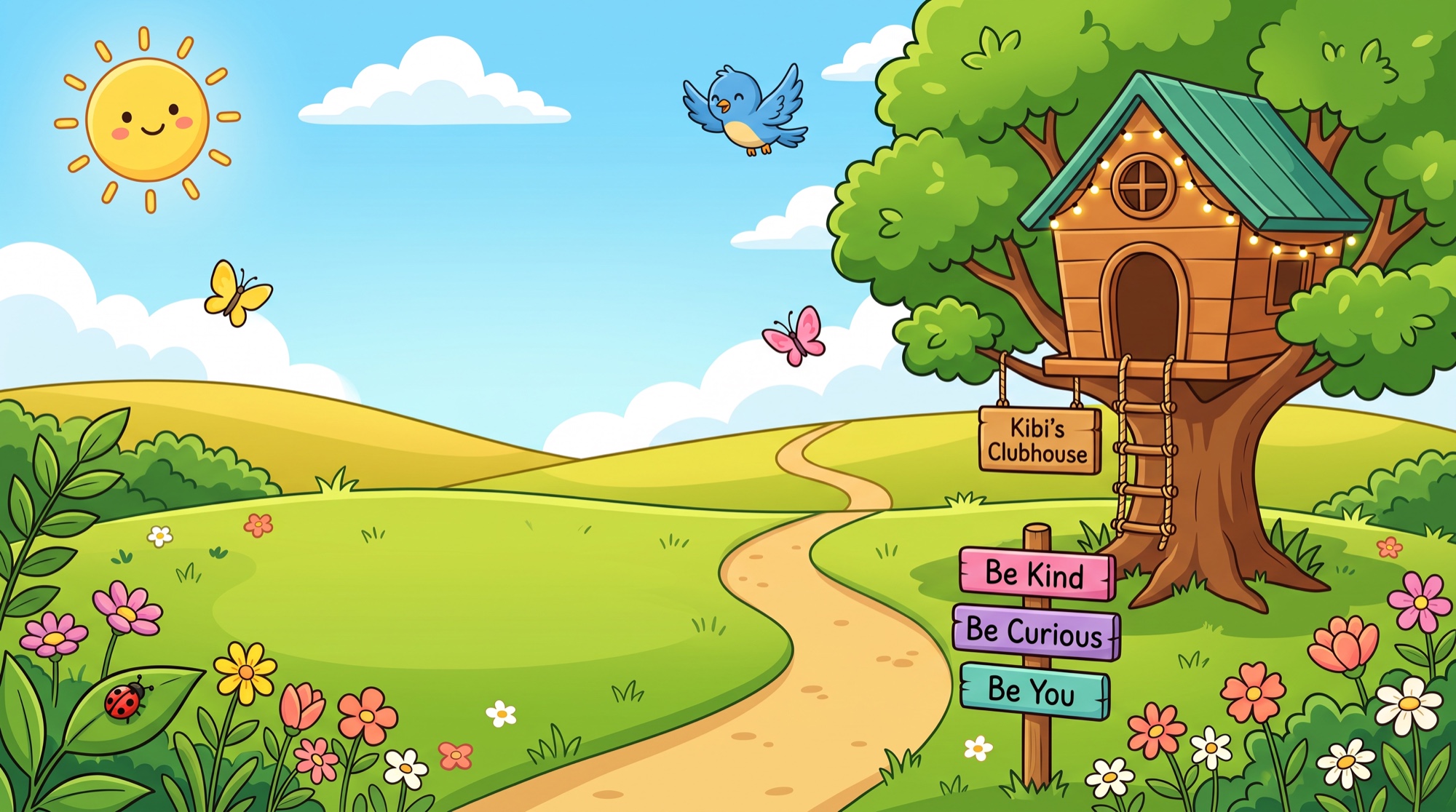 A sunny storybook meadow with a winding path, wildflowers, and Kibi's treehouse clubhouse decorated with fairy lights