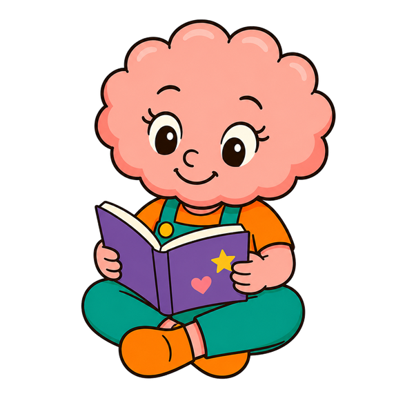 Kibi sitting cross-legged, reading a storybook
